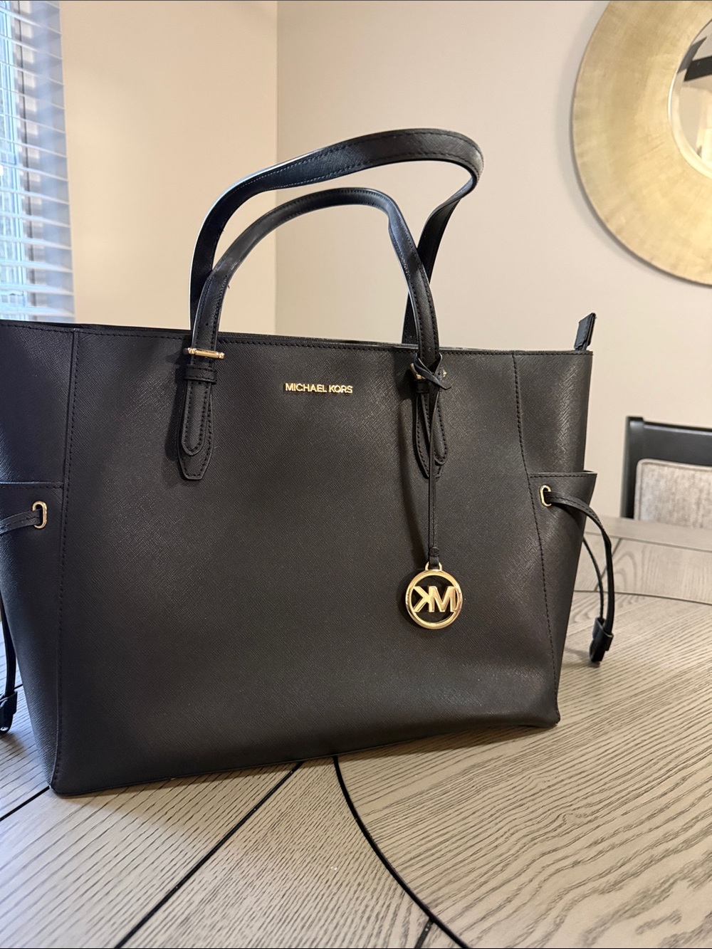 Michael Kors Black Saffiano Leather Tote with Gold MK Charm LARGE